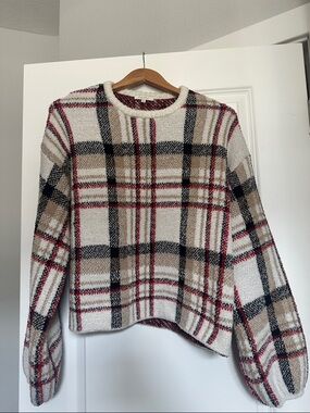 Z Supply Solange Plaid Pullover Sweater in Cream, Tan, Black & Red